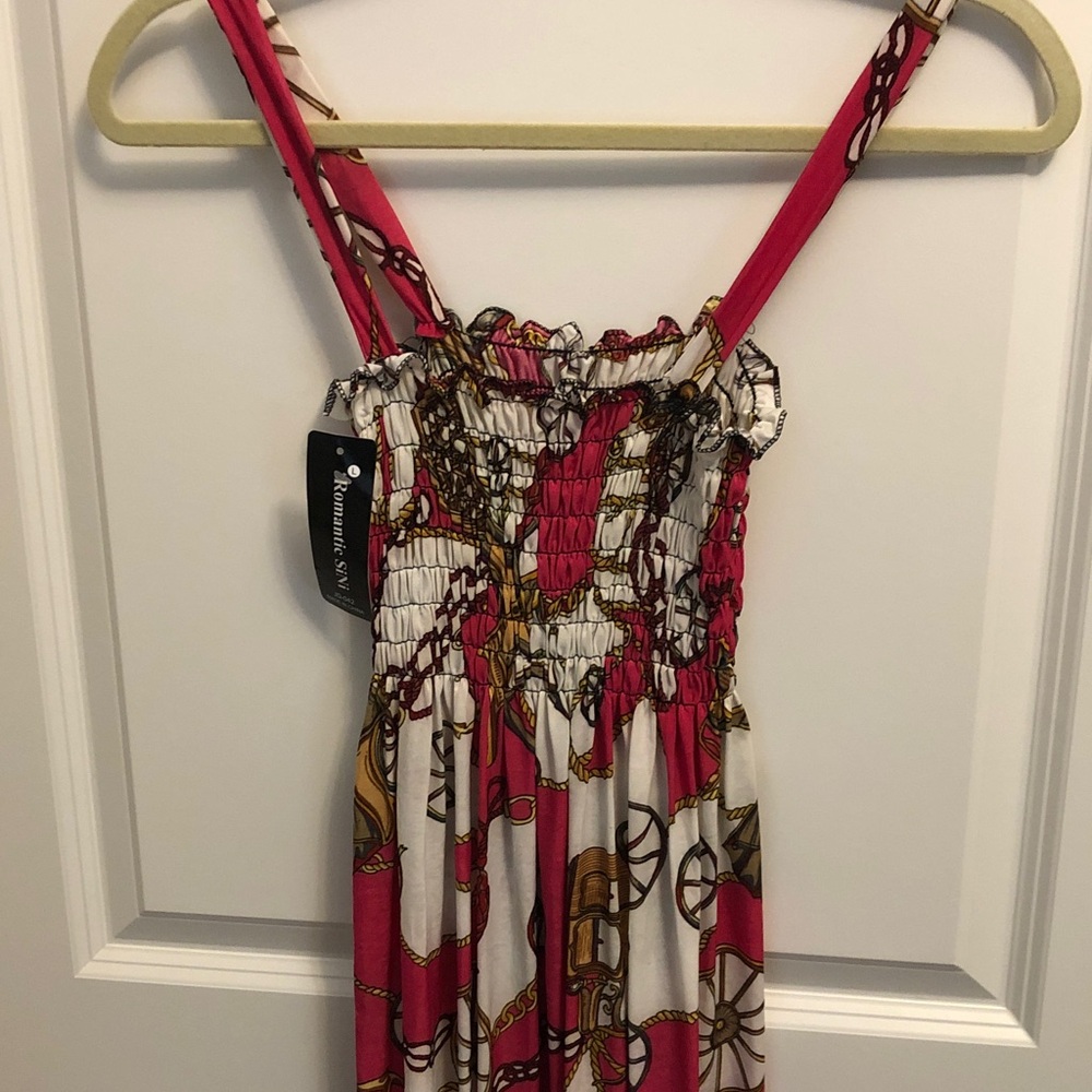 Romantic Sini Women’s Pink with Wagons & Chains Fit & Flare Sun Dress Large NWT